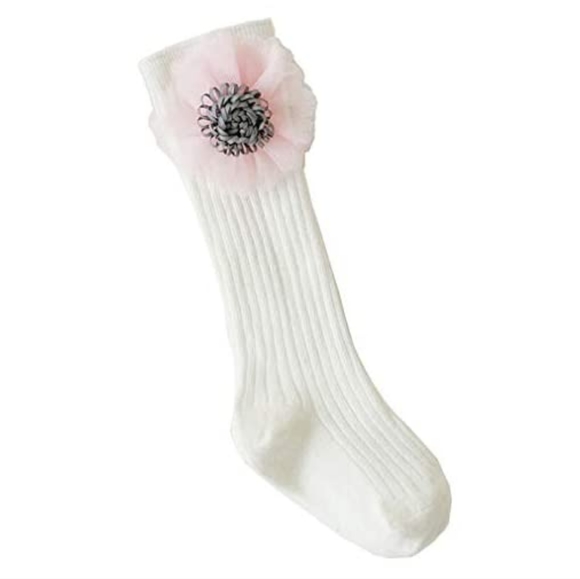 Adorable Knee High Cotton Socks for Girls (1-3yrs) - White with Pink Flower - Picture 2 of 6